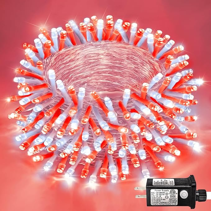 250 LED Red and White Christmas Lights Outdoor, 82ft String 8 Modes Clear Wire, Plug-in Waterproof Twinkle Fairy Lights for Bedroom Christmas Decorations