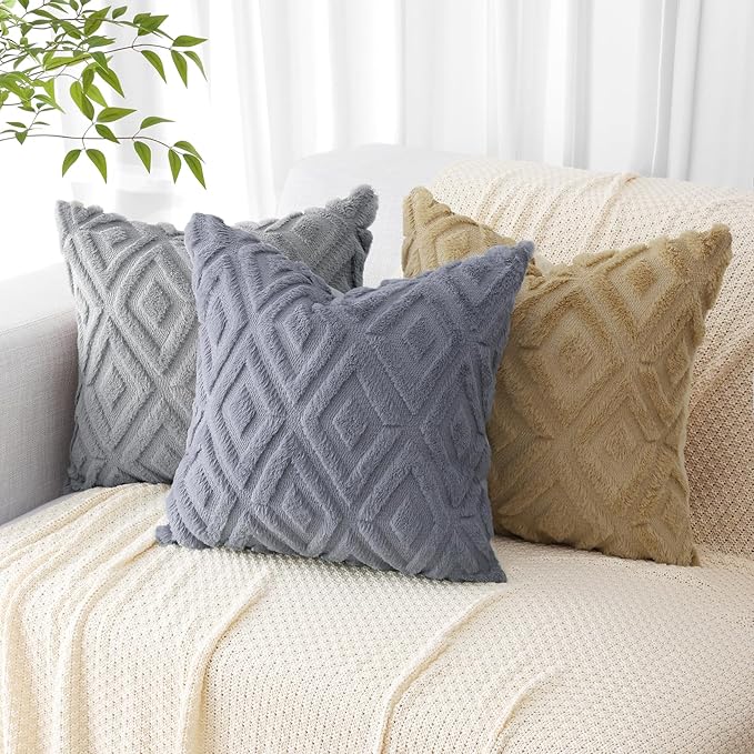 Pallene Light Khaki Throw Pillow Covers 12x20 Set of 2, Soft Plush Faux Fur Decorative Lumbar Couch Pillow Covers for Sofa Bed Living Room Pillow Cases with 3D Diamond Pattern