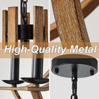 22“ Farmhouse Wooden Chandelier Modern Vintage 5-Lights Candle Style Chandeliers with Wood Finish Metal Industrial Retro Rustic Black Chandelier for Dining Room, Kitchen, Living Room, E12