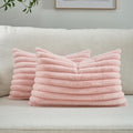 FUTEI Pink Striped Decorative Throw Pillow Covers 12x20 Inch Set of 2,Rectangle Winter Decorations Couch Lumbar Pillowcase,Soft Cozy Faux Rabbit Fur & Velvet Back,Modern Home Decor for Bed