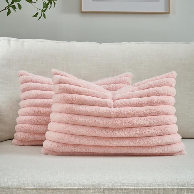 FUTEI Pink Striped Decorative Throw Pillow Covers 12x20 Inch Set of 2,Rectangle Winter Decorations Couch Lumbar Pillowcase,Soft Cozy Faux Rabbit Fur & Velvet Back,Modern Home Decor for Bed