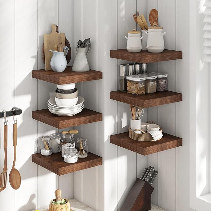 Floating Shelves for Wall with Invisible Brackets, Wall Mounted Engineered Wood Shelves with Wood Grain for Living Room, Bedroom, Bathroom, Kitchen Decor and Storage, Oak, 12"L Set of 3, Walnut