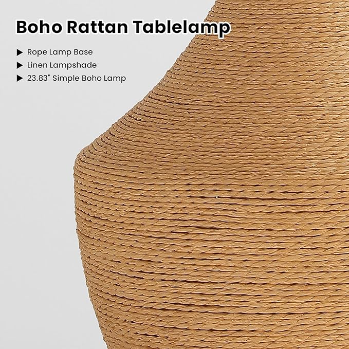 Rattan Lamp Boho Table Lamp - 23.62" Bedside Table Lamps for Bedroom Rustic Handmade Woven Lamp Nightstand Lamps with Pull Chain for End Table, Living Room, Farmhouse - E26 Socket (Tan-1PC)