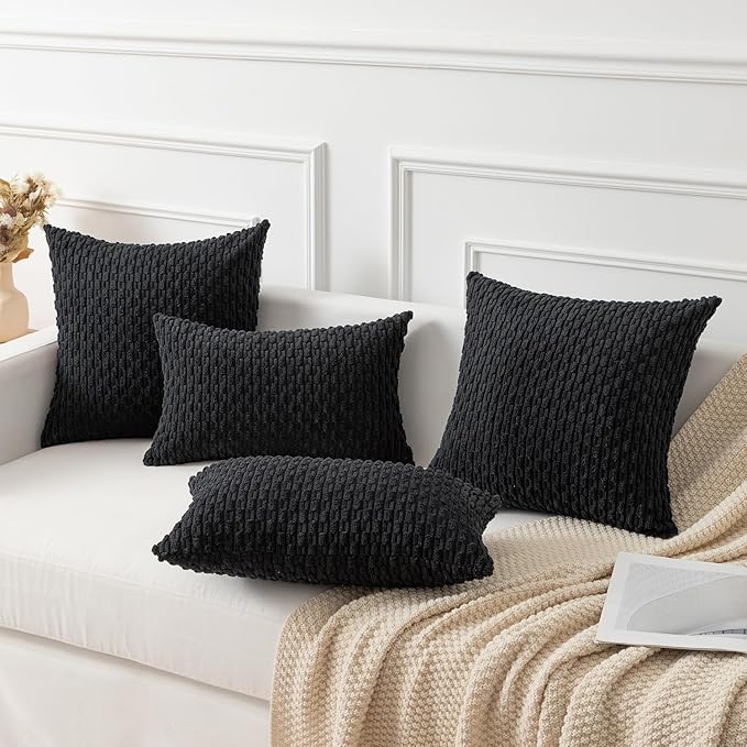 Kevin Textile Pack of 2 Corduroy Decorative Throw Pillow Covers 26x26 Inch Soft Boho Striped Pillow Covers Modern Farmhouse Home Decor for Spring Sofa Living Room Couch Bed Black