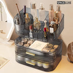 Makeup Organizer with Drawers and 360° Rotating Brush Holder, Large Capacity Cosmetic Storage for Vanity, Skincare, Perfume, Hair Accessories, Lipstick & Jewelry (Transparent Gray, 3-layer)