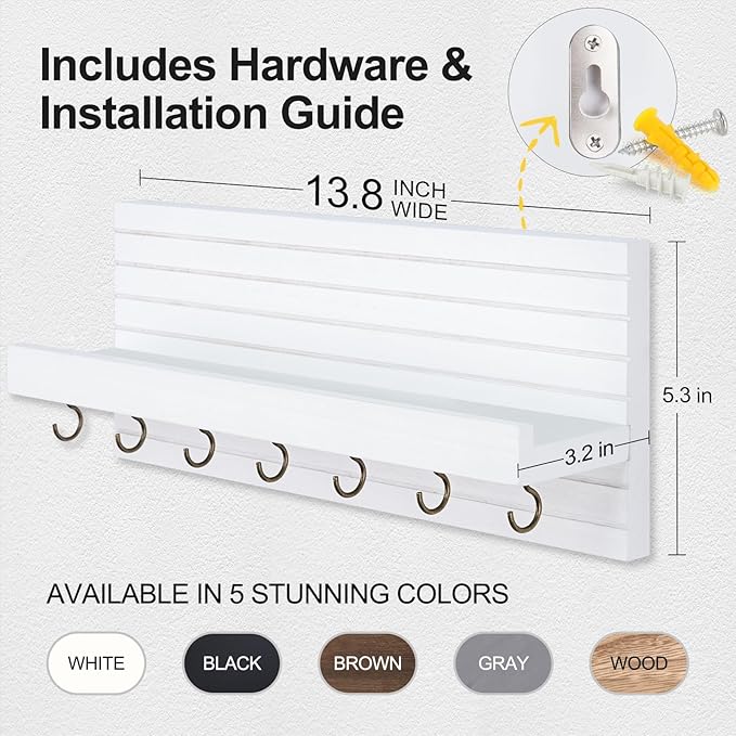 Key Holder Wall Mount, Entryway Mail Organizer with Shelf, Decorative Key Hanger with 7 Hooks Holds Leashes and Glasses, Includes Mounting Hardware (13.8” x 5.3” x 3.2”)