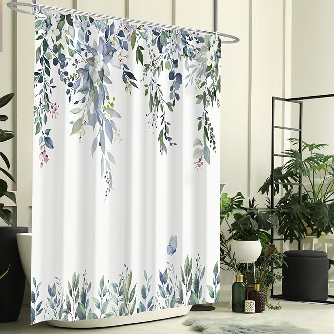 Eucalyptus Shower Curtain, Dark Green Watercolor Leaves with Floral Botanical Bathroom Decor, Waterproof Fabric Bath Curtain Set with Hooks, 72x84 Inches