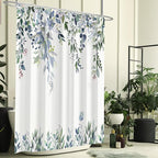 Eucalyptus Shower Curtain, Dark Green Watercolor Leaves with Floral Botanical Bathroom Decor, Waterproof Fabric Bath Curtain Set with Hooks, 72x84 Inches