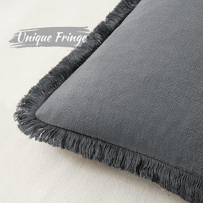 MIULEE Decorative Throw Pillow Covers Neutral Linen Fringe Throw Pillows Euro Shams Set of 2 Dark Grey Boho Farmhouse Cushion Covers for Couch Sofa Bed Living Room Spring Home Decor 24x24 Inch