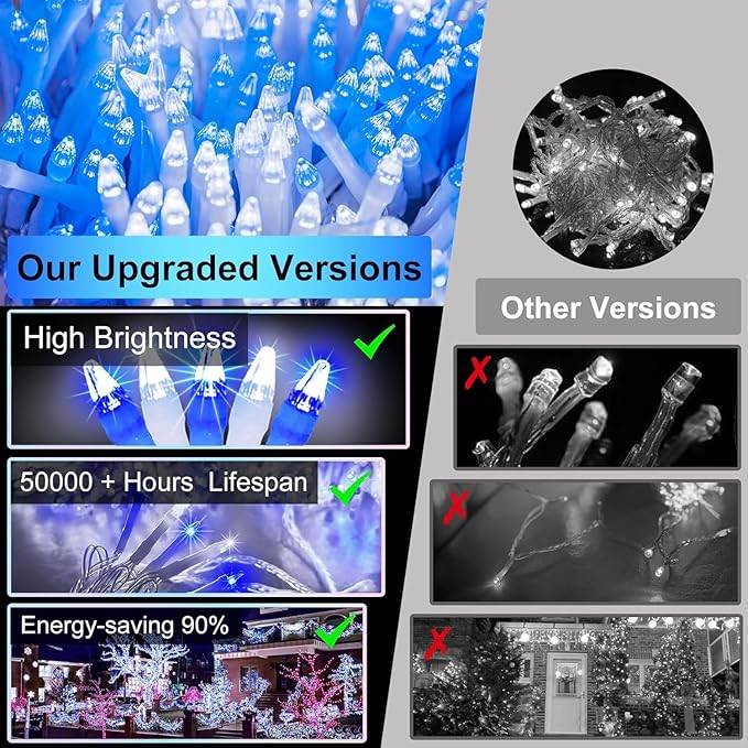 750 LED 240FT Christmas String Lights Outdoor, 12 Pro Modes and Timer Memory & Brightness, Plug in Outdoor Waterproof Clear Wire Twinkle Light for for Xmas Yard Tree Wedding Party Decor (Blue & White)