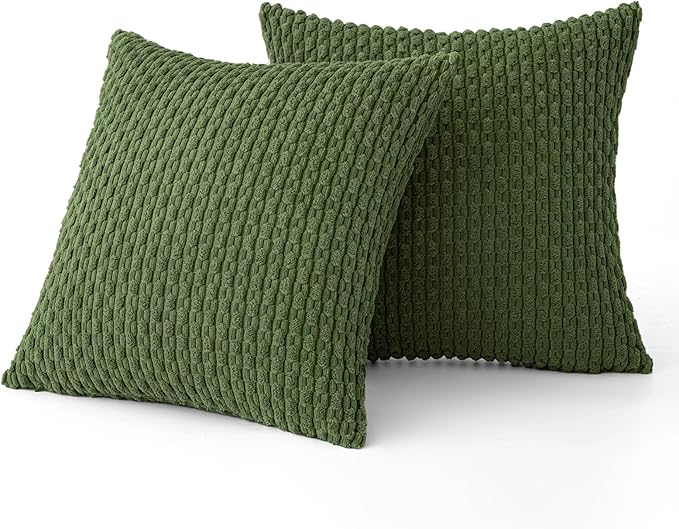 MIULEE Pack of 2 Decorative Throw Pillow Covers 20x20 Inch Soft Boho Striped Textured Corduroy Pillow Covers Modern Farmhouse Home Decor for Couch Bed Sofa Living Room Moss Green