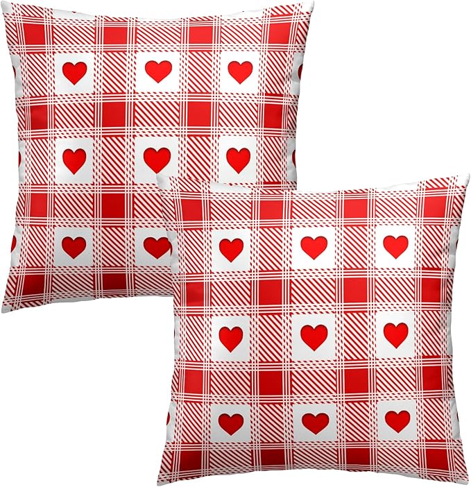 Love Theme Pillow Covers 22x22 Inch, Set of 2 Red White Checkered Romantic Accents Holiday Cotton Square Pillowcases for Sofa Couch Bedroom Living Room Car Home Decor
