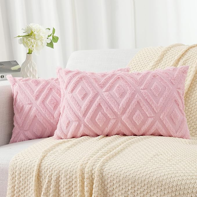 Pallene Pink Throw Pillow Covers 12x20 Set of 2, Soft Plush Faux Fur Decorative Lumbar Couch Pillow Covers for Sofa Bed Living Room Pillow Cases with 3D Diamond Pattern