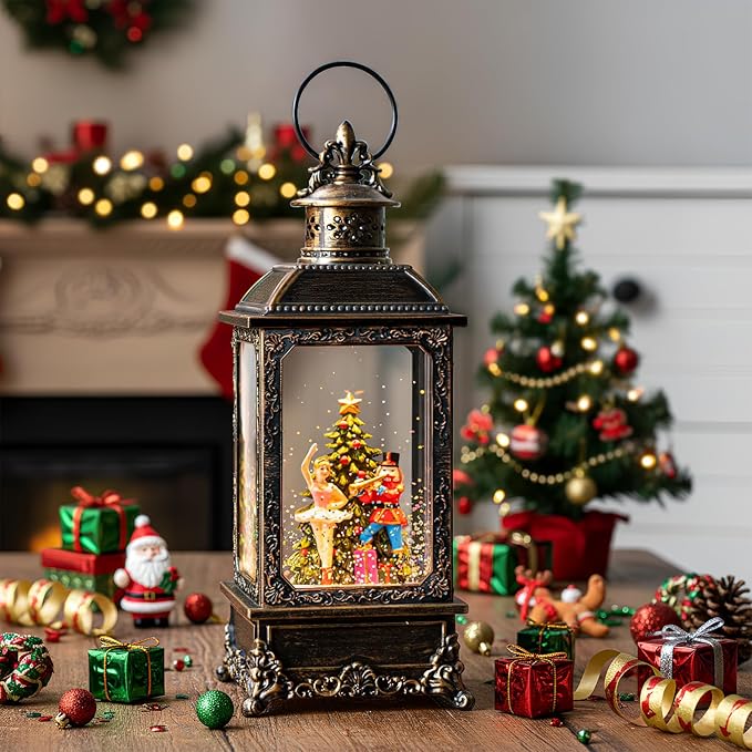 Christmas Snow Globe Lantern Water Glittering Nutcracker Ballerina with Music & Timer, USB Lined/Battery Operated Lighted Lantern for Christmas Festival Decoration Gifts