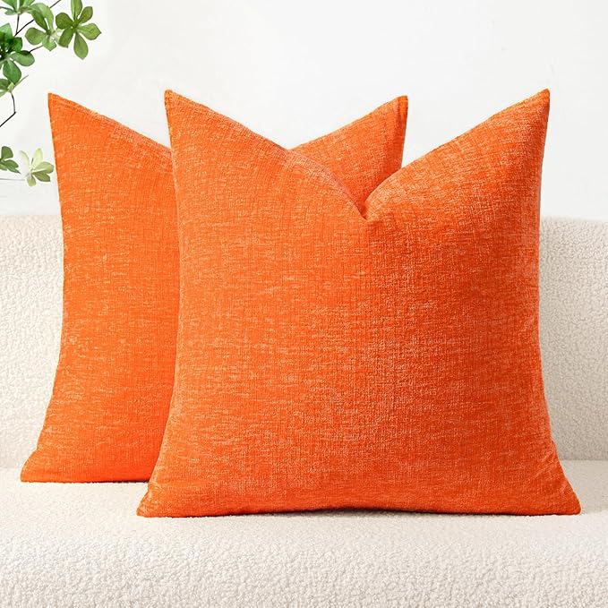 MIULEE Fall Pack of 2 Bright Orange Throw Pillow Covers 20x20 Inch Soft Chenille Pillow Covers for Sofa Living Room Couch Solid Dyed Cases