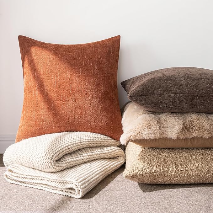 MIULEE Pack of 2 Fall Decorative Throw Pillow Covers Soft Chenille Throw Pillows Solid Textured Cushion Covers Home Decor for Couch Sofa Bedroom Living Room 18x18 Inch, Burnt Orange