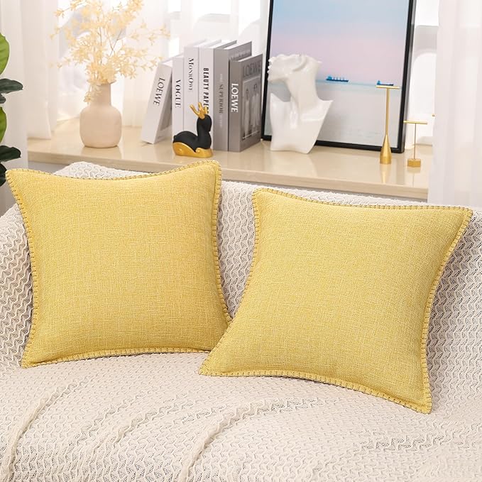 decorUhome Decorative Outdoor Throw Pillow Covers 18x18 Set of 2, Square Linen Rustic Neutral Farmhouse Euro Pillow Covers with Stitched Edge for Couch, Sofa, Living Room, Mustard Yellow