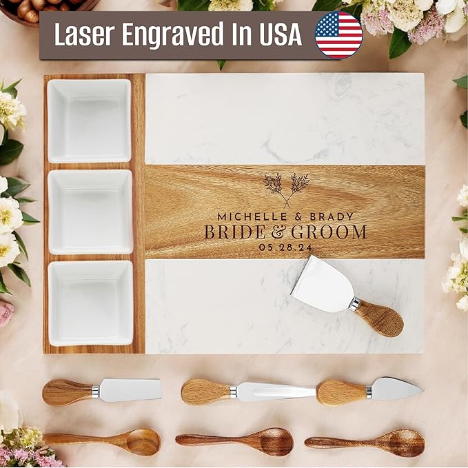 Personalized Wedding Gifts for Couples,Marble Wood Charcuterie Board,Newlyweds,Bridal Shower Gifts for Bride, Husband,Wife,Engagement Gifts,Mr and Mrs gifts,Custom Laser Engraved Cheese Serving Board