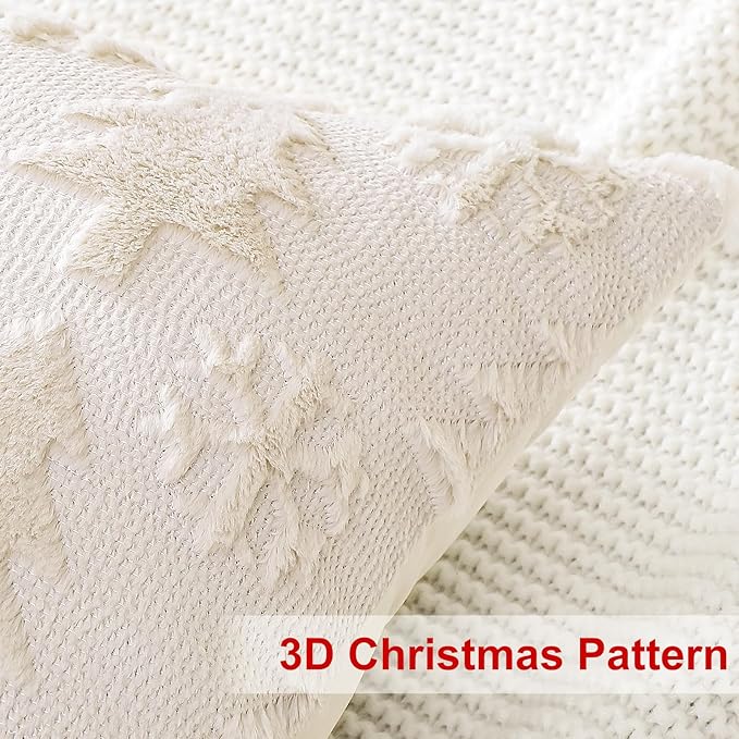 OTOSTAR Set of 2 Xmas Soft Plush Short Wool Velvet Decorative Throw Pillow Covers Square Luxury Style Cushion Case Pillow Shell for Sofa Bedroom Tree and Snowflake Cream Beige, 22x22 Inch