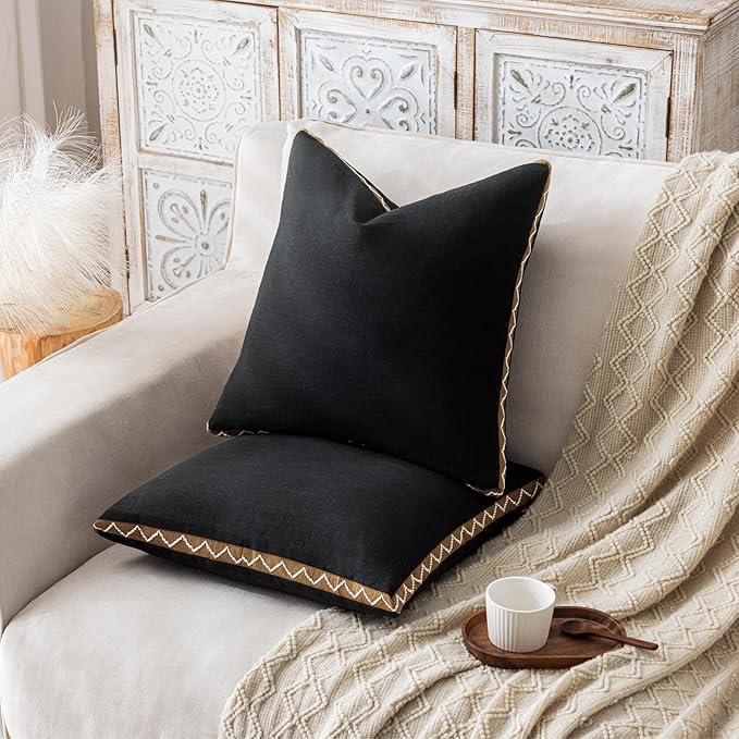 Decorative Neutral Linen Throw Pillow Covers 12x20 Inch Set of 2, Black Boho Farmhouse Pillow Covers with Braid Fringe for Sofa Bed Modern Couch Pillow Cases for Organic Home Decor