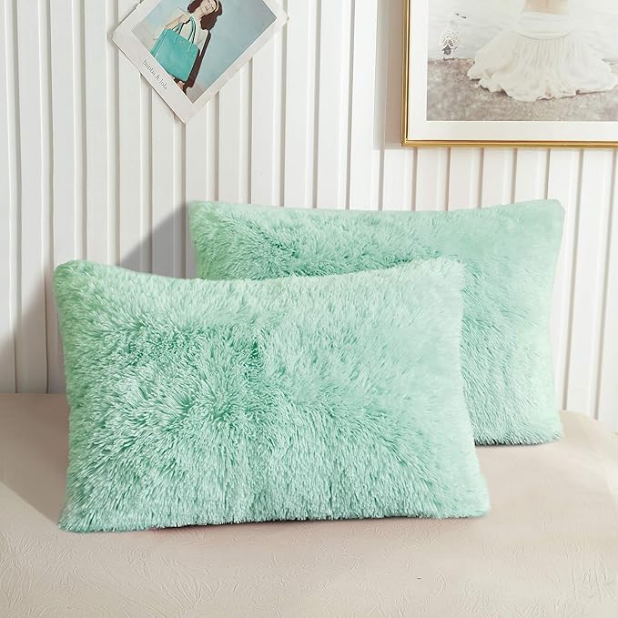 XeGe Faux Fur Throw Pillow Cases, Plush Shaggy Ultra Soft Pillow Covers, Fluffy Crystal Velvet Decorative Pillowcases, Furry Fuzzy Pillow Shams Zipper Closure, Set of 2 (Standard, Aqua Green)