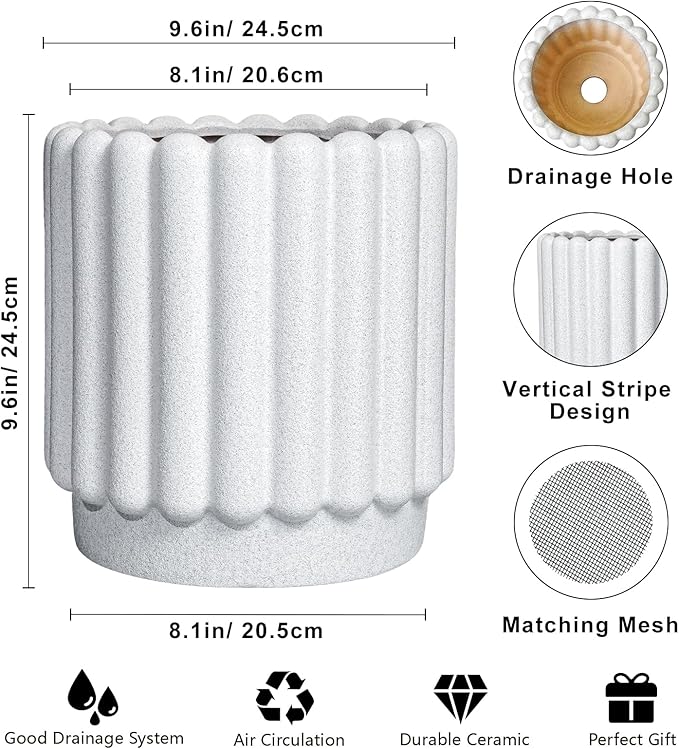 Ceramic Plant Pots - 9.6 Inch Ceramic Planters with Drainage Hole, Round Flower Pots for Indoor Plants, Modern Fluted Large Planter Outdoor, Home Room Decor, Gardening Gifts, White