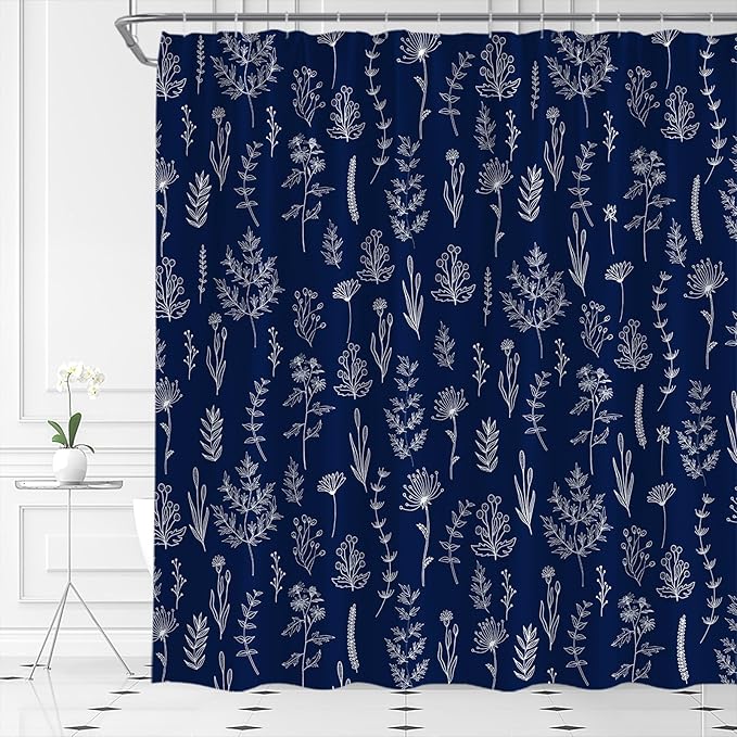 Navy Blue Floral Shower Curtain Rustic Flower Farmhouse Plant Cute Leaves Retro Botanical Vintage Bathroom Curtain Set with Hooks(108" Wx70 H)