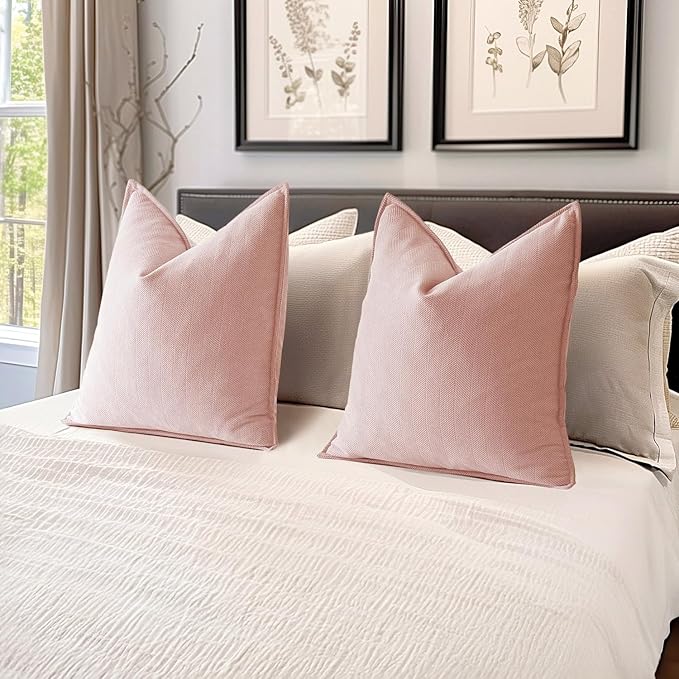 MIULEE Pack of 2 Pink Decorative Pillow Covers 18x18 Inch Soft Chenille Luxurious Couch Throw Pillows Farmhouse Cushion Covers with Elegant Design for Sofa Bedroom Living Room Home Decor