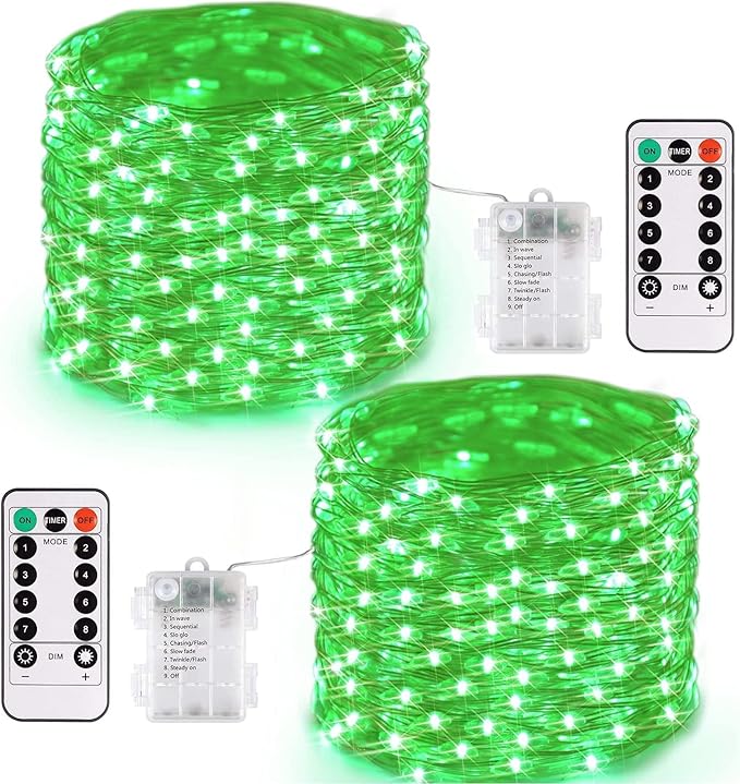 JMEXSUSS 2 Pack Green Fairy Lights Battery Operated, Total 200 LED 66ft Twinkle String Lights with Remote, 8 Modes Halloween Lights for Tree Wreath Fireplace Indoor Outdoor Xmas Halloween Decor