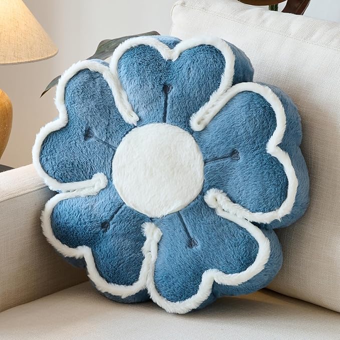 Flower Shaped Decorative Throw Pillow Cushion for Bed Couch, Cute Flower Plush Throw Pillows Home Decor Floor Pillow Seating Cushions (Grey Blue, 17.7 Inches)