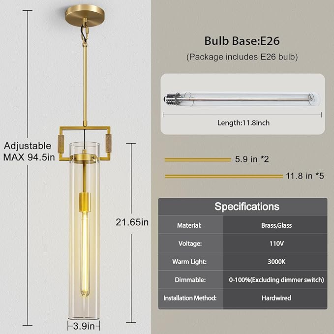 Modern Gold Pendant Light Set of 2, 21.6'' Pendant Lights Kitchen Island, Adjustable Height Brass Glass Pendant Light Fixtures, Large Pendant Lights for Dinning Room Farmhouse Bathroom