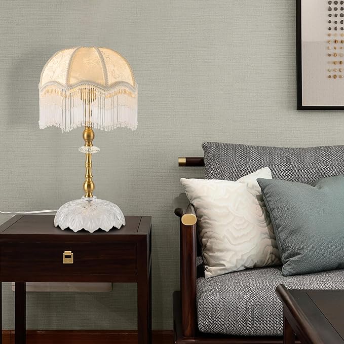 Eapmic Table Lamp,Bedside End Table Lamp Traditional Nightstand Desk Lamp Beaded Tassel Lamp with Shade for Living Bedroom Office(Retro,Style 2)