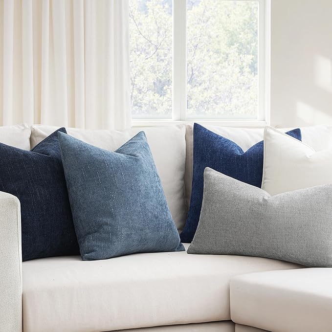 MIULEE Pack of 2 Decorative Throw Pillow Covers Soft Chenille Throw Pillows Solid Textured Cushion Covers for Couch Sofa Bedroom Living Room 18x18 Inch, Dark Blue