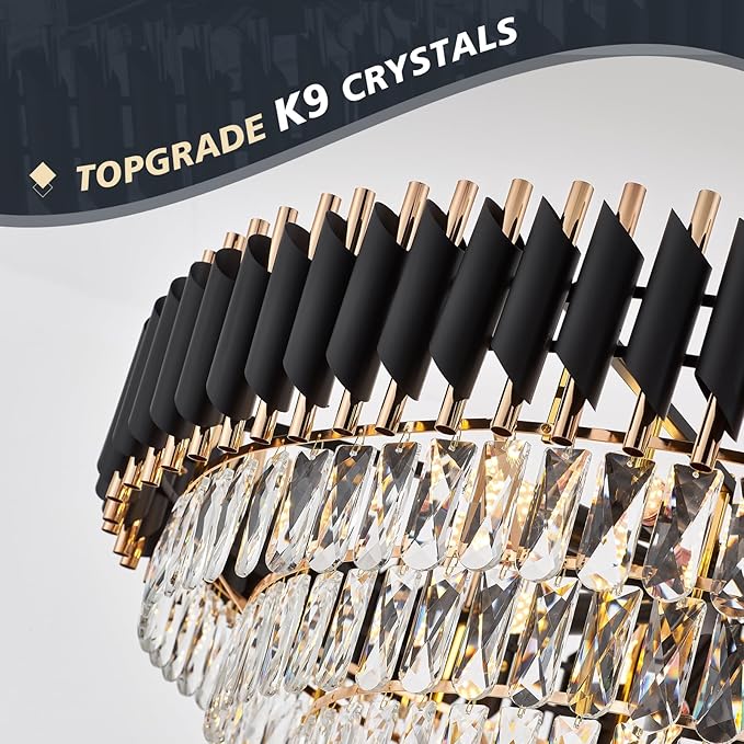 7-Tier Black Gold Crystal Chandelier 35.5’’ 18-Light Modern Crystal Pendant Chandelier Ceiling Light Fixture Hanging Lighting for Living Room Villa Restaurant Foyer High Ceiling