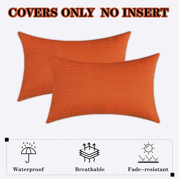 Kevin Textile Fall Outdoor Waterproof Throw Pillow Covers Decorative Farmhouse Water Resistant Checkered Cushion Covers for Tent Patio Garden Couch Sofa Pack of 2 (12x20 Inch Orange)