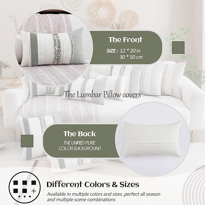 Boho Lumbar Pillow Covers Set of 2-12x20 Inch Sage Green Striped Decorative Farmhouse Coastal Accent Long Boho Throw Pillows for Couch, Neutral Textured Pillowcases for Bed, Sofa Home Decor