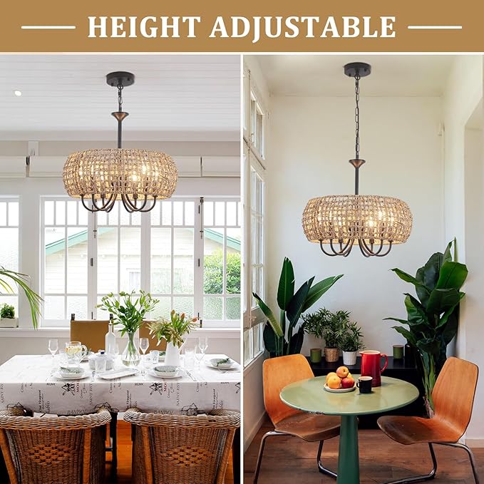 6-Light Rattan Chandelier Light Fixture, 18.11'' Wicker Chandelier Boho Kitchen Light Fixtures, Rattan Pendant Light Rustic Farmhouse Chandeliers for Dining Room Living Room Foyer
