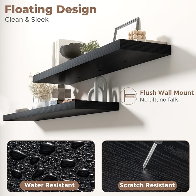 Floating Shelves for Wall with Invisible Brackets, Wall Mounted Engineered Wood Shelves with Wood Grain for Living Room, Bedroom, Bathroom, Kitchen Decor and Storage, Oak, 71"L Set of 2, Black