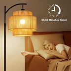 Rattan Floor Lamp for Living Room Bedroom Boho Arc Standing Lamp with Remote Dimmable Black Farmhouse Wicker Bamboo Lamp Shade Floor Light Tall Lamp Industrial Floor Lamps Bohemian Decor