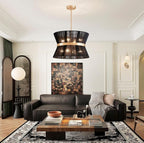 Shrine Lighting Black Boho Chandelier, Modern Design, Boho Drum Pendnat Light for Dining Room, D18'' x H12'', Adjustable 47'', E12*8 Sockets, Black Rope Lampshade&French Gold Finish Frame