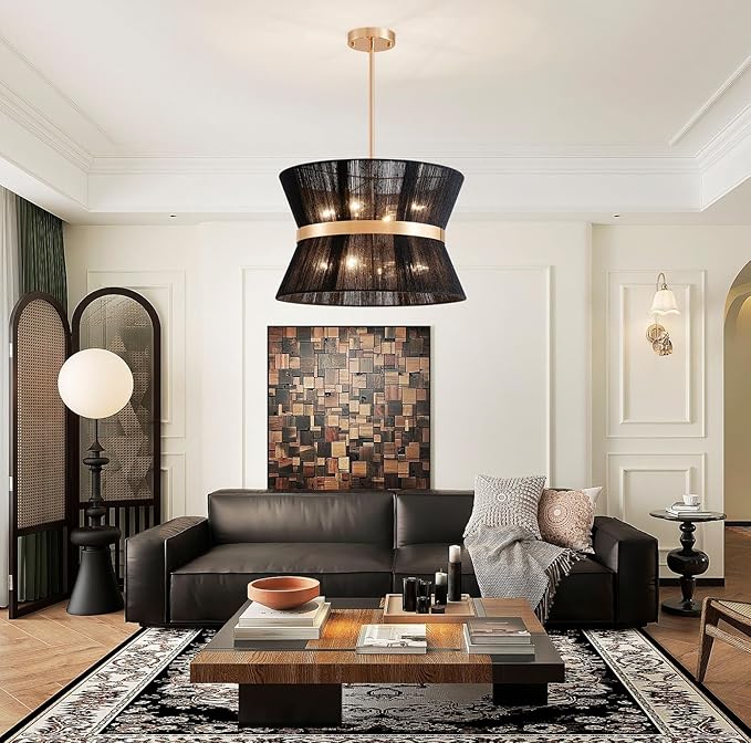 Shrine Lighting Black Boho Chandelier, Modern Design, Boho Drum Pendnat Light for Dining Room, D18'' x H12'', Adjustable 47'', E12*8 Sockets, Black Rope Lampshade&French Gold Finish Frame