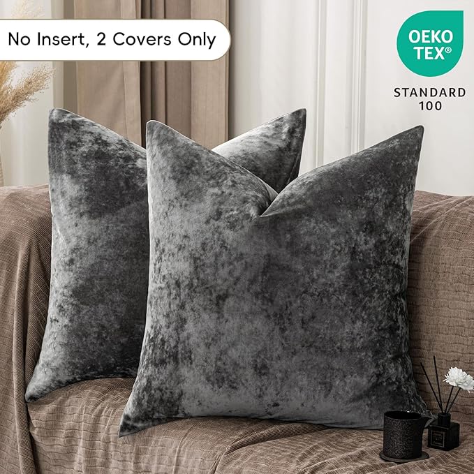 PHF Truly Velvet Euro Sham, 26"x 26",No Insert, 2 Pack Color Gradient Euro Throw Pillow Covers, Ultra Soft Cozy Pillow Covers for Home Decorative, No Shedding, No Pilling, Charcoral/Dark Grey