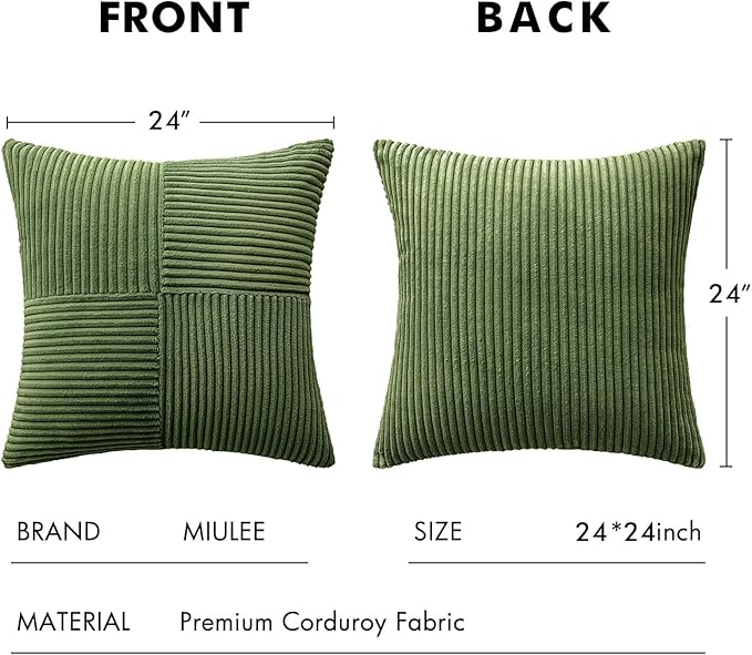 MIULEE Moss Green Corduroy Pillow Covers Pack of 2 Boho Decorative Spliced Throw Pillow Covers Soft Solid Couch Pillowcases Cross Patchwork Textured Cushion Covers for Living Room Bed Sofa 24x24 inch