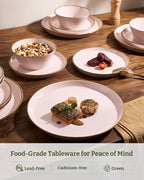 Famiware Saturn Dinnerware Sets, Plates and Bowls Sets for 4, 12 Pieces Stoneware Dish Set - Chip and Scratch Resistant, Microwave and Dishwasher Safe Tableware Set, Light Pink with Rim