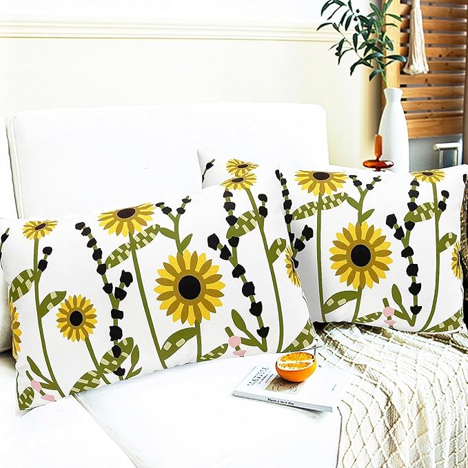 Decorative Throw Pillow Covers Set of 2 Sunflower Pillow Covers 12x20 inch Super Soft Short Plush Floral Square Throw Pillows,Farmhouse Outdoor Pillow Covers for Couch Sofa Bed Living Room