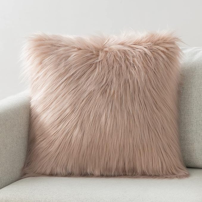 Phantoscope Faux Fur Solid Decorative Pillow Cover Fluffy Throw Pillow Mongolian Luxury Fuzzy Pillow Case Cushion Cover for Bedroom and Couch, Beige 20 x 20 Inches, Pack of 1