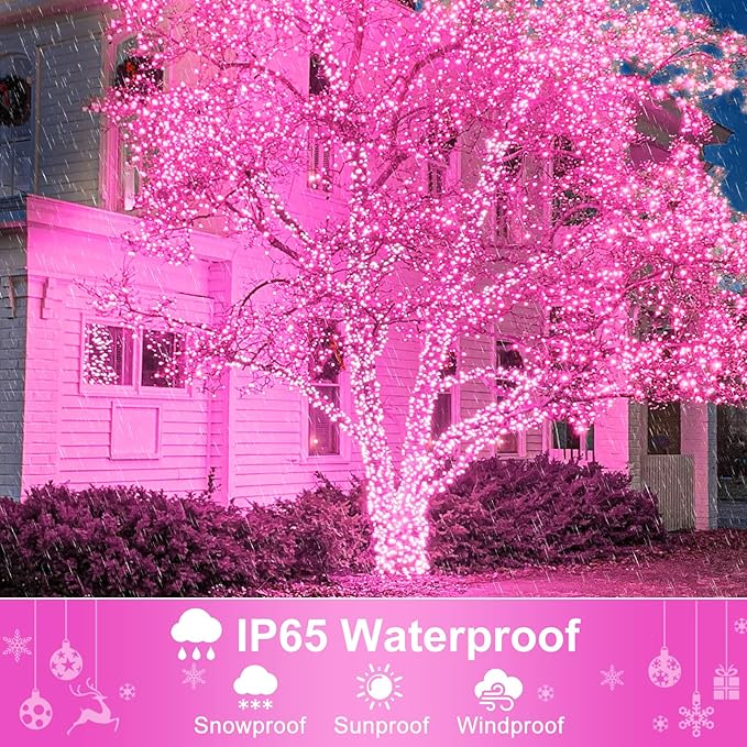 Christmas Lights Outdoor, 66FT 200 LED Christmas Tree Lights with 8 Modes Waterproof, Plug in Green Wire Connectable Twinkle String Light for Indoor Bedroom Patio Wedding Holiday Decor, Pink