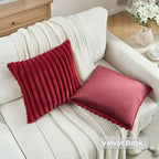 FUTEI Burgundy Striped Decorative Throw Pillow Covers 24x24 Inch Set of 2,Wine Red Square Winter Decorations Couch Euro Pillow Case,Soft Cozy Faux Rabbit Fur & Velvet Back,Modern Home Decor for Bed