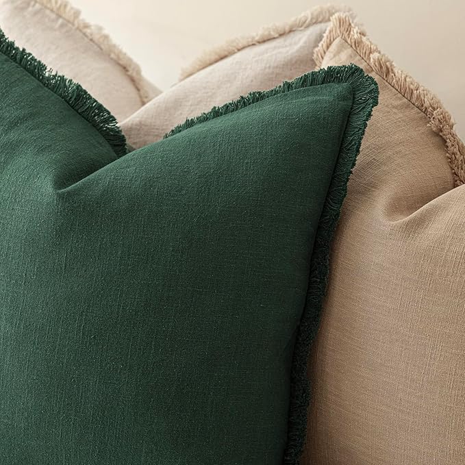 Foindtower Set of 2 Decorative Linen Fringe Throw Pillow Covers Cozy Boho Farmhouse Cushion Cover with Tassels Soft Accent Pillowcase for Couch Sofa Bed Living Room Home Decor, 24×24 Inch, Pine Green