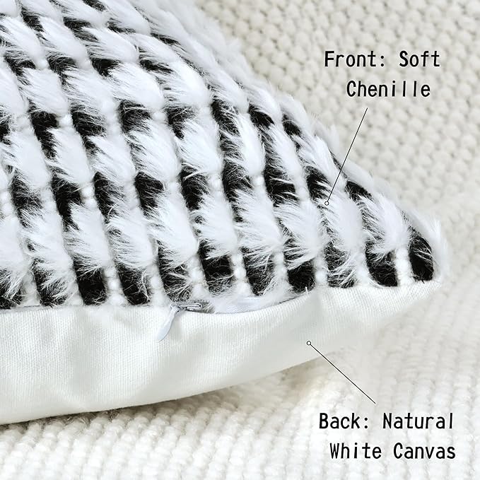Boho Chenille Tufted Pillow Cover 20x20 Inch Set of 1, Farmhouse Striped Decorative Pillow Covers Accent Fluffy Neutral Square Pillowcases for Couch Sofa Bedroom Living Room, Black White